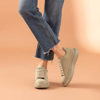 BEAU TODAY - Original Women Platform Sneakers Cow Suede Leather Lace-Up Casual Round Toe Lady Flats Shoes with Thick Sole Handmade 29116