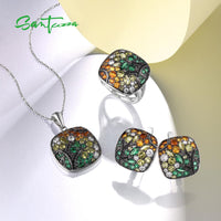 Original SANTUZZA Jewelry Set For Women 925 Sterling Silver Sparkling Colorful Stones Square Pendant Earrings Ring Set Party Fine Jewelry