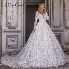 Original Ashley Carol Lace Wedding Dress 2022 Long Sleeve A-Line Dresses Beaded Appliques V-Neck Princess Bridal Gown Vestido De Novia