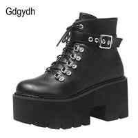 Original Gdgydh Autumn Winter Chunky Heel Platform Boots Lace-up Black Gothic Boots Women Plush Inside Comfortable Sexy Buckle Footwear