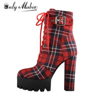 Original Only Maker Women & Platform Ankle Boots Buckle Strap Chunky Heel Red Plaid Lace Up Side  Zipper Round Toe Booties For Winter