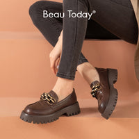 Original Beau Today Chunky Loafers Women Genuine Cow Leather Platform Shoes Round Toe Metal Chain Slip on Ladies Flats Handmade 27748