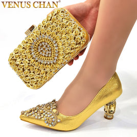 VENUS CHAN - Original 2022 Latest Italian Design Ladies Sexy Stiletto Heels Catwalk Shoes With Embroidered Rhinestones Shoes and Bag Set