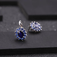 Original GEM & BALLET 925 Sterling Silver Jewelry Set for Women Classic Princess Natural Blue Sapphire Pendant Earrings Ring Set