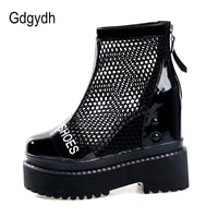 Original Gdgydh Gothic Punk Black Summer Mesh Booties Women Height Increasing Genuine Pantent Leather Summer Shoes Hollow Out Zipper New