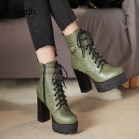 Original Gdgydh 2022 Russian Hot Sales Women Shoes Thick Platform High Heel Female Ankle Boots Round Toe Lace up Zipper Motorcycle Boots