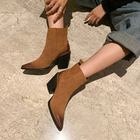 Original Leather Boots Women Genuine Pointed Toe Mid Heel Ankle Boots Thick Square Heel Slip On Western Boots Cowboy Boots Women 2020 New