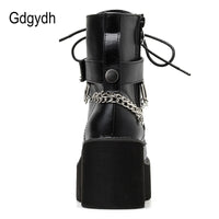 Original Gdgydh New Sexy Chain Women Leather Autumn Boots Block Heel Gothic Black Punk Style Platform Shoes Female Footwear High Quality