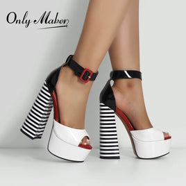 Original Only maker Women & Sandals Platform Peep Toe Chunky Square Heels Ankle Strap Sandals Black And White Stripes Party Fashion Shoes