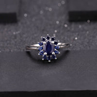 Original GEM & BALLET 925 Sterling Silver Jewelry Set for Women Classic Princess Natural Blue Sapphire Pendant Earrings Ring Set