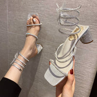 Original 2022 Summer Women&#39;s Sandals Fashion Luxury Square Toe Club Rhinestone Snake Wrap High Heel Sandals Birthday Wedding Party Shoes