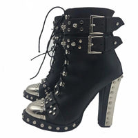 Original Boots Women Studded Leather Women Ankle Boots Side Lace Up Strap High Heels Boots Outdoor Street Mujer Platform Tide Shoes New
