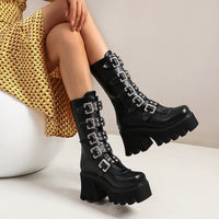 Original Winter Gothic Punk Womens Platform Boots Black Buckle Strap Zipper Creeper Wedges Shoes Mid Calf Military Combat Boots U542