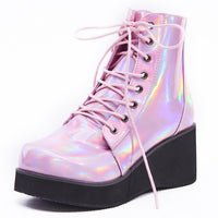Original JIALUOWEI New Style Unisex&#39;s Shoes Punk Wedge Heel 7cm Pink Holographic Leather Halloween Costumes Gothic Ankle boots