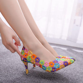 Original Crystal Queen Women Mutilcolor Lace Wedding Shoes 7CM High Heels Big Size Sweet Pumps Princess Party