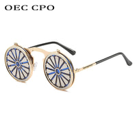 OEC CPO - Original Metal Round Steampunk Sunglasses Women Fashion Glasses Men Windmill Flip Design Frame Personality Eyeglasses UV400