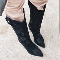 Original Perixir Western Cowboy Boots For Women Pointed Toe Women&#39;s Shoes Brand Embossing Suede Leather Shoes Mid-Calf Chunky Wedges Boot