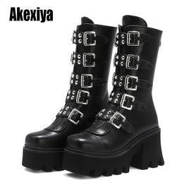 Original Winter Gothic Punk Womens Platform Boots Black Buckle Strap Zipper Creeper Wedges Shoes Mid Calf Military Combat Boots U542