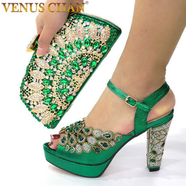 VENUS CHAN - Original 2020 NEW GREEN With Print Desgin Shoes And Evening Bag Set Hot Sale Sandal Shoes With Handbag  Heel Height 10.5CM