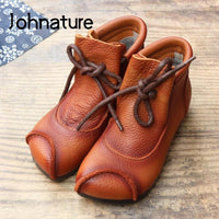 JOHNATURE - Original Ankle Boots For Women Shoes Genuine Leather Lace-up Women Boots 2022 New Round Toe Flat With Sewing Ladies Shoes