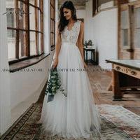 Original Bohemian Lace Wedding Dress 2021 Elegant V-neck Sleeveless Soft Tulle Beach Boho Bridal Gowns Custom Made Robe de Mairee