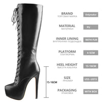 Original Only maker Women&#39;s Round Toe Stiletto Platform Zipper Knee High Boots16CM High Heel Pattern Lace Up Plus Size Boots For Winter