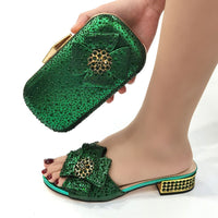 Original 2022 latest Italian Design Shiny Bow Collocation Rhinestone Luxury Noble Party ladies  Shoe and Bag Sets in Green Color