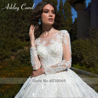 Original Ashley Carol Lace Ball Gown Wedding Dresses Long Sleeve Crystal Appliques Scoop Lace Up Cathedral Wedding Gowns Vestido De Noiva