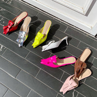 Original Tip-toed high-heeled bow slippers for women in summer wearing thin-heeled Baotou semi-slippers for women&#39;s shoes in 2019