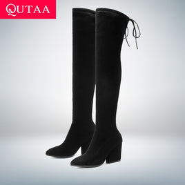 Original QUTAA 2021 Women Shoes Over The Knee High Boots Pointed Toe Autumn Winter Shoes Women Hoof Heels Flock Women Boots Size 34-43