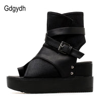 Original Gdgydh Black Women Ankle Boots Spring Autumn Peep Toe Flat Heel Boots For Female Buckle Platform Wedges Shoes Summer Comfortable
