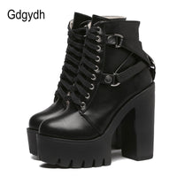 Original Gdgydh Fashion Black Boots Women Heel Spring Autumn Lace-up Soft Leather Platform Shoes Woman Party Ankle Boots High Heels Punk
