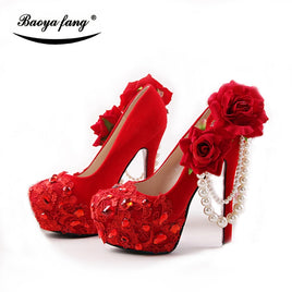 Original New Arrival Red color Flock Women wedding shoes Bride 8cm/11cm/14cm high heels platform shoes Bridal Big Flower shoe Red sole