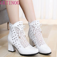Original GKTINOO Women Boots Genuine Leather Ankle Boots Lace Summer Boots Zapatos Chaussures Femme Square High Heel Women Shoes