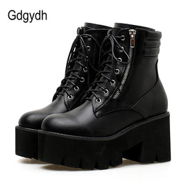 Original Gdgydh Wholesale Autumn Ankle Boots For Women Motorcycle Boots Chunky Heels Casual Lacing Round Toe Platform Boots Shoes Female