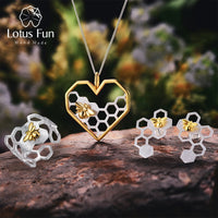 Original Lotus Fun Real 925 Sterling Silver Handmade Fine Jewelry Honeycomb Home Guard Jewelry Set with Ring Earring Pendant Necklace
