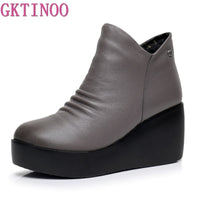 Original GKTINOO 2022 New Autumn Winter Women Shoes Woman Genuine Leather Wedges Snow Boots Height Increasing Ankle Women Boots Platform