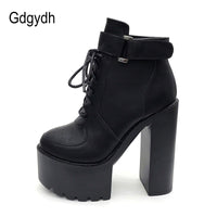 Original Gdgydh Hot Sale Russian Shoes Black Platform Boots Women Zipper Autumn High Heels Shoes Lace Up Ankle Boots White Rubber Sole