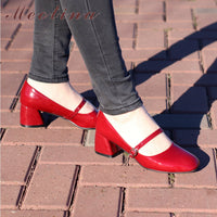 Original Meotina High Heels Shoes Women Mary Janes Shoes Patent Leather Med Heel Pumps Buckle Square Toe Ladies Shoes Red Plus Size 33-43