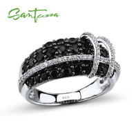 Original SANTUZZA Jewelry Sets For Women Sparkling Black Spinels White CZ Stones Ring Earrings Set 925 Sterling Silver Fashion Jewelry