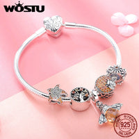 Original WOSTU  Real 925 Sterling Silver Bee & amp ; Daisy Yellow Style Charm Bracelet For Women S925 Silver Bead Jewelry Gift