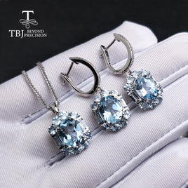 Original TBJ , natural sky blue topaz gemstone jewelry set in 925 sterling silver elegant special pendant earring for women lady as gift