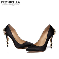 Original PRICHICELLA Satin Gold mental snake heel dress shoe unique genuine leather pointed toe high heeled pumps