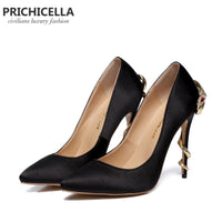 Original PRICHICELLA Satin Gold mental snake heel dress shoe unique genuine leather pointed toe high heeled pumps
