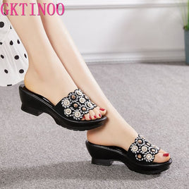 Original GKTINOO Women Slipper&#39;s 2022 Ladies Summer Slippers Shoes Women Wedges Heels Fashion Rhinestone Summer Shoes Geuine Leather