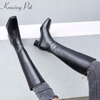 Original Krazing Pot genuine leather big size thick handsome long boots med heel square toe women keep warm riding knee-high boots L0f8