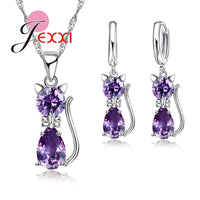 Original Jewellery Sets Accessories Genuine 925 Sterling Silver  Cubic Zirconia Cat Kitty Necklace Pendant+Leverback Earrings Hot