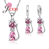 Original Jewellery Sets Accessories Genuine 925 Sterling Silver  Cubic Zirconia Cat Kitty Necklace Pendant+Leverback Earrings Hot