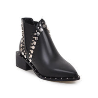 Original Rivets Faux Leather Booties Sequin Thick Heel Black Ankle Women Boots Studded Decorated Woman Boots Motorcycle Size 35-40