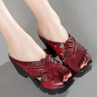 Original GKTINOO New Ethnic Style Genuine Leather Women Shoes Sandals wedges Slides Handmade Flower Women Summer Slipper